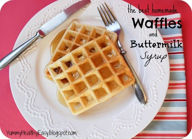 Plate with two waffles drizzled with homemade syrup.