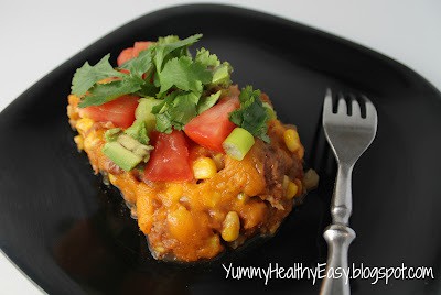 Healthy Southwestern Casserole layers of chilies, ground turkey, corn and cheese baked in the oven