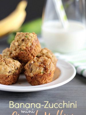 Moist, healthy and delicious Banana-Zucchini Mini Crumb Muffins. Perfect for breakfast or a quick snack.