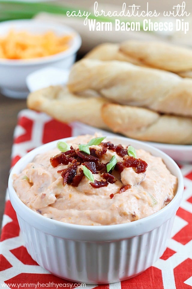Delicious and super EASY breadsticks (made with Pillsbury Grands! Biscuits) and a warm bacon cheese dip to dunk them in!! Delicious and super EASY breadsticks (made with Pillsbury Grands! Biscuits) and a warm bacon cheese dip to dunk them in!!