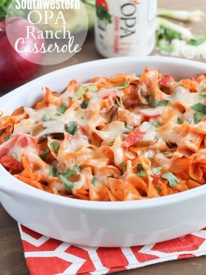 A delicious casserole with chicken, mushrooms, tomatoes and egg noodles tossed in a flavorful sauce made using enchilada sauce and OPA Greek Yogurt Ranch Dressing. Best casserole EVER!