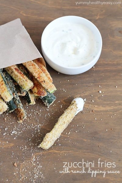 Baked Zucchini Fries with yummy ranch dipping sauce - fun and easy side dish that's healthy and delicious!