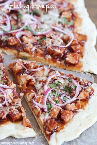 Easy homemade Grilled BBQ Chicken Pizza - quick no-rise homemade crust, grilled chicken, BBQ sauce, red onion, cilantro & mozzarella. Easy dinner in 30 minutes! #ad