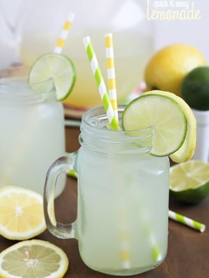 Quick & Easy Lemonade, perfect for a hot summer day! Tart, tangy & just a touch fizzy. Simple and delicious with no squeezing required!