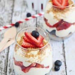 No-Bake Cheesecake Parfaits - layered with graham cracker crumbs, sliced strawberries, blueberries and easy no-bake cheesecake filling. Perfect for 4th of July!