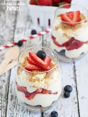 No-Bake Cheesecake Parfaits - layered with graham cracker crumbs, sliced strawberries, blueberries and easy no-bake cheesecake filling. Perfect for 4th of July!