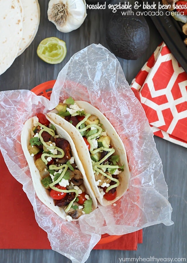 Roasted Vegetable & Black Bean Tacos served with Avocado Crema. Healthy, meatless and delicious! #ad #morningstarfarms