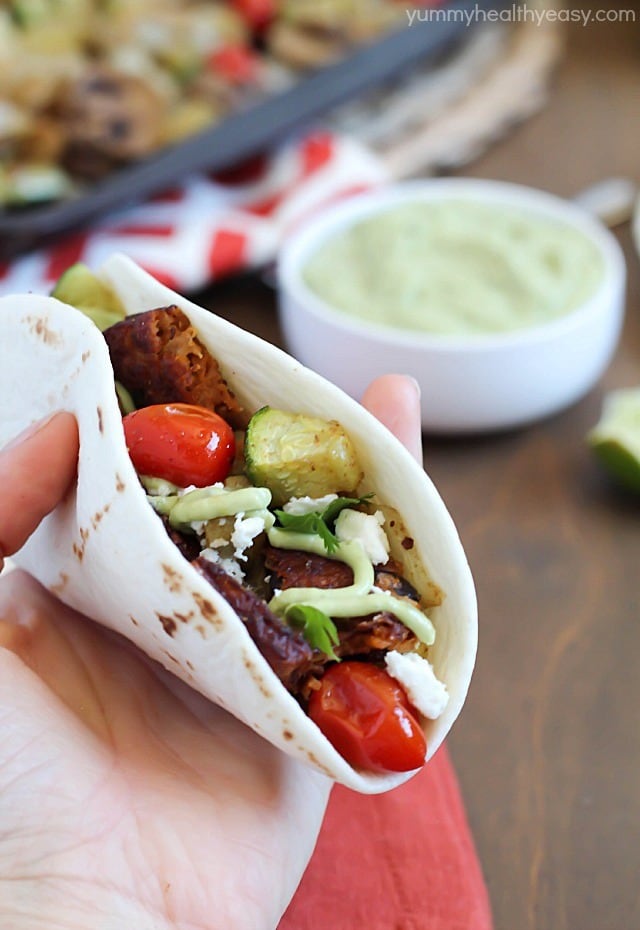 Roasted Vegetable & Black Bean Tacos served with Avocado Crema. Healthy, meatless and delicious! #ad #morningstarfarms