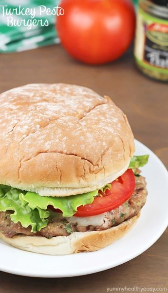 Flavorful Turkey Pesto Burger made with ground turkey, pesto, cilantro and green onions then topped with mozzarella and tomatoes - moist and delicious!