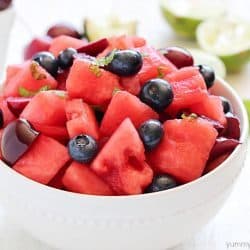 Watermelon Fruit Salad with cherries, blueberries and a delicious mint-lime dressing. Easy, fresh and the perfect summer side dish!