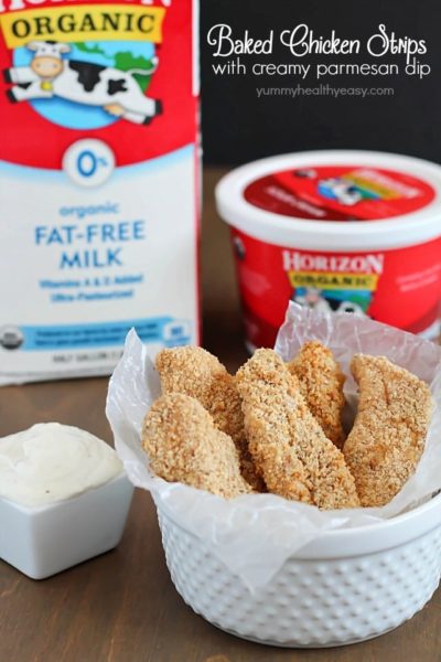 Baked Chicken Strips dipped in a Creamy Parmesan Dip