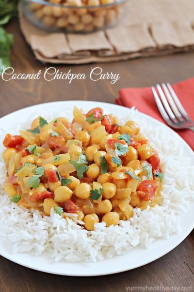Coconut Chickpea Curry - chickpeas in a creamy curry sauce and served over rice. Quick, easy and absolutely delicious!