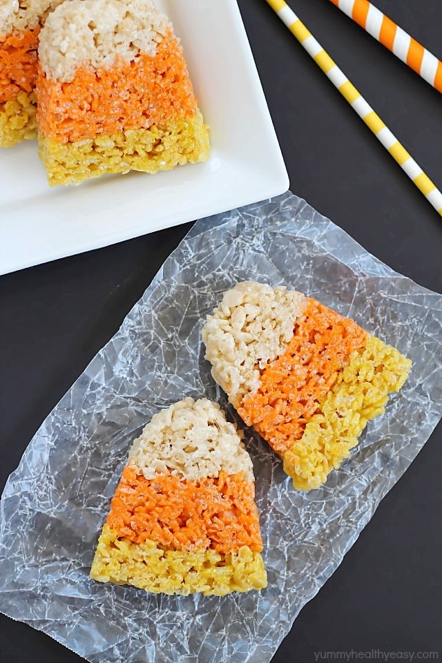 Candy Corn Rice Krispie Treats are a fun Halloween tradition!