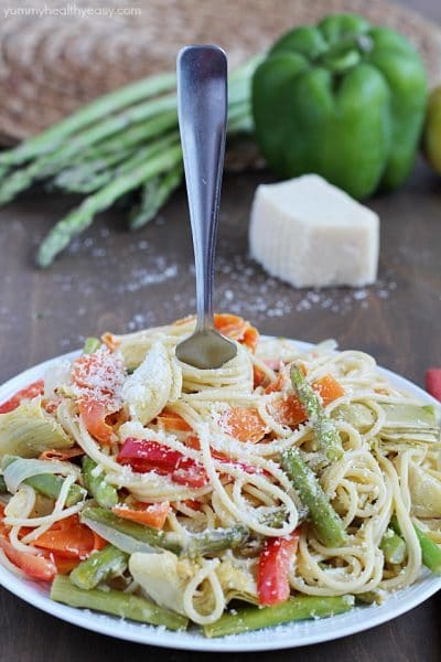 Pasta Primavera lightened up and filled with veggies for a healthy and light meatless dinner!