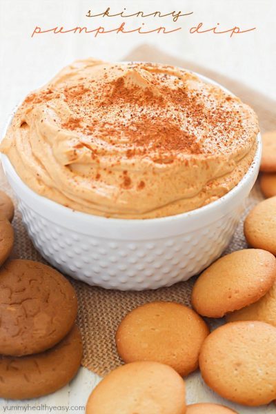 Amazingly easy, creamy and skinny pumpkin dip - you will not believe how yummy this is and only 117 calories per 1/4 cup serving!