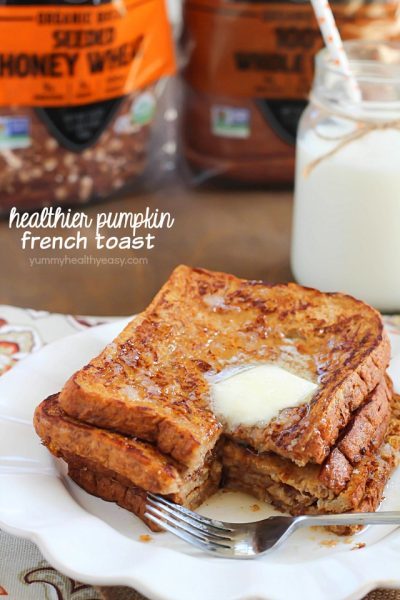 Crazy amazing Pumpkin French Toast made healthier by using egg whites and 100% whole wheat bread. #ad #daveskillerbread
