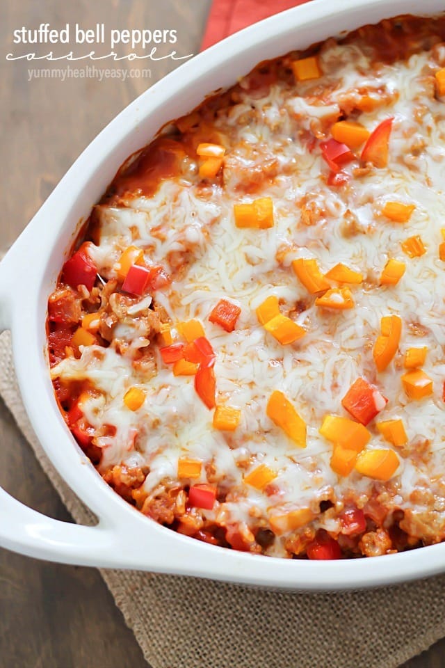 casserole dish of stuffed bell pepper casserole