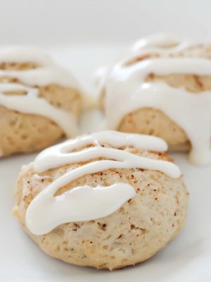 Soft (healthier) Eggnog Cookies drizzled with a light eggnog glaze over the top makes for a pretty darn near perfect dessert!