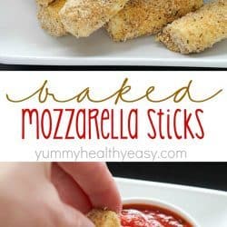 Quick and easy Baked Mozzarella Sticks for the win! A fast crowd-pleasing appetizer of warm and gooey cheese dipped in marinara sauce - yum!