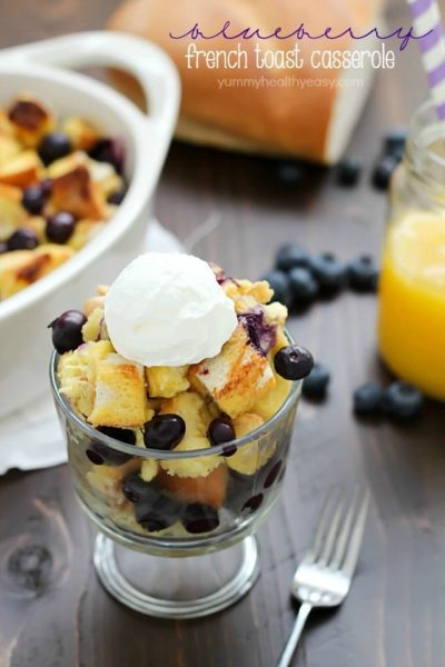 What's better than french toast? Blueberry French Toast Casserole! Delicious casserole with cubes of bread and blueberries baked in an egg and orange juice mixture. Perfect for Easter breakfast... or breakfast any day!