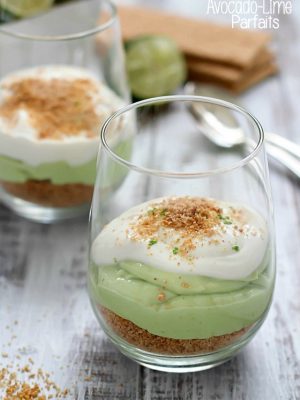 When life gives you avocados, make a parfait! Creamy, delicious No-Bake Avocado Lime Parfaits. With a layer of cinnamon graham crumbles, a rich layer of avocado and lime and a creamy yogurt topping plus some lime zest thrown on top - heaven!