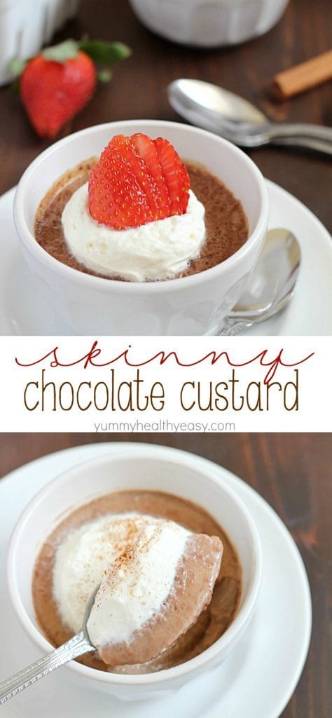 Easy Chocolate Custard recipe that’s velvety smooth, rich and light all at the same time. Plus it’s super easy (only 5 ingredients) and under 100 calories for each cup!