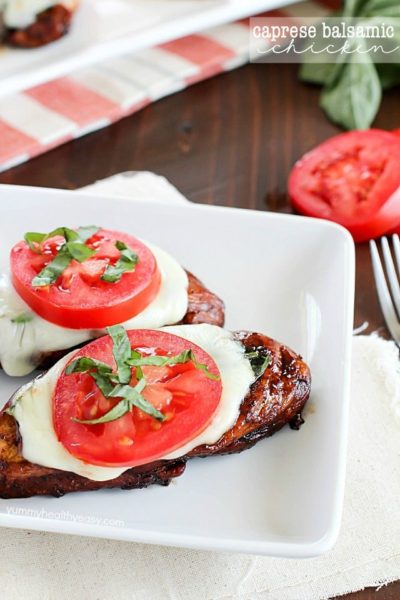 Easy Balsamic Chicken recipe with a caprese twist! Chicken breasts are cooked until tender in a flavorful balsamic sauce then topped with mozzarella, basil & tomato. Low carb and gluten free!