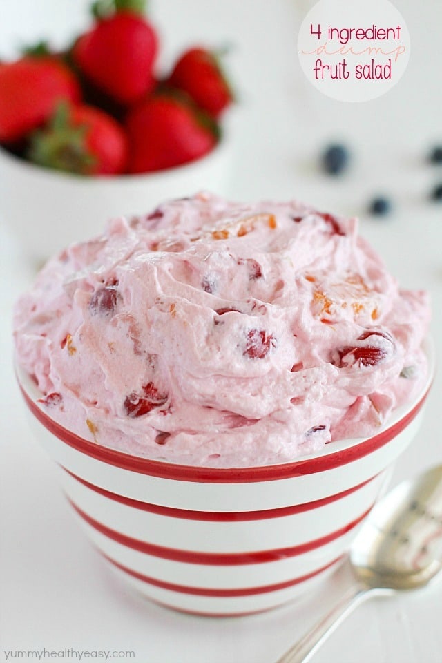 Quick & easy cherry dump salad with only FOUR ingredients - dump it all in a bowl and stir together and voila! Crazy delicious fruit salad :)