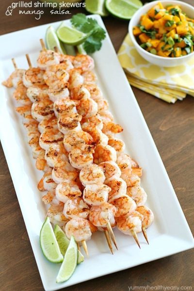 Healthy Grilled Shrimp Skewers with Mango Salsa - an easy and flavorful main dish that's the perfect summertime meal!