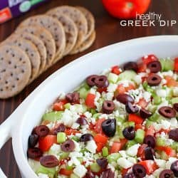 Deliciously healthy greek dip, made with a protein-rich cottage cheese base (with ranch seasonings!) then topped with cucumbers, green onions, tomatoes, kalamata olives, and feta cheese. Healthy and full of flavor! #breton #ad