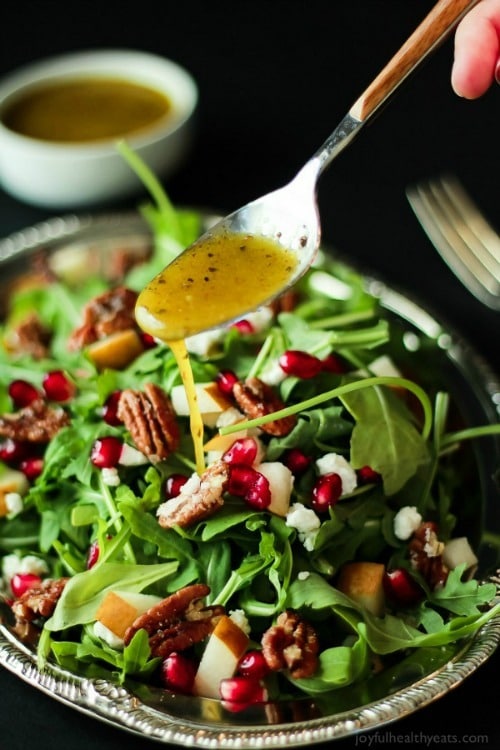 Pomegranate Goat Cheese Arugula Salad with Candied Pecans by Joyful Healthy Eats