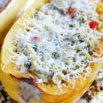 This recipe for Spinach & Artichoke Stuffed Spaghetti Squash is super easy and is a fabulous, flavorful, healthy meatless main or side dish. A healthy dish you can feel good about eating! #ad