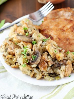 So many great spices & flavors going on in this Crock Pot Stuffing Recipe! It beats the pants off of those other blah stuffing recipes. Plus it's cooked in the slow cooker, so you can put it in hours before dinnertime and not even think about it until you eat! Perfect for Thanksgiving or any other day of the year!