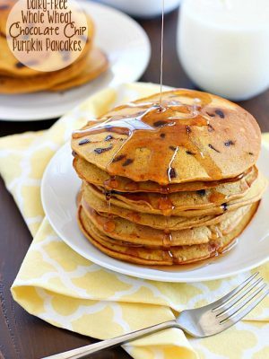 Flavorful pancakes full of pumpkin and chocolate chips that are also whole wheat and dairy-free! My family ate all of these and I had to make a second batch!