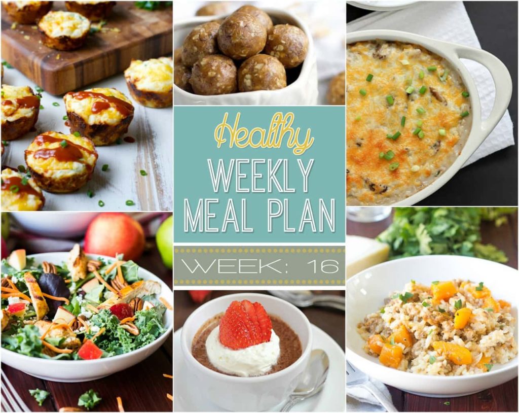 Healthy Weekly Meal Plan Week 16 - there are all sorts of goodies in this week's meal plan! Healthy breakfast, lunch, dinner and even a snack and dessert recipe too!