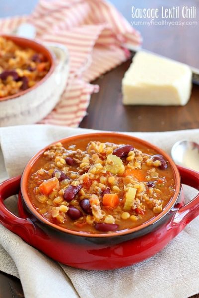 An incredible Sausage Lentil Chili full of veggies, beans, sausage, lentils and TONS of flavor!