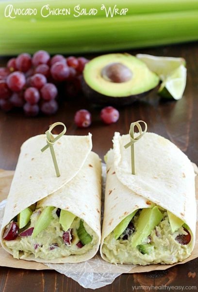 Avocado Chicken Salad Wrap - a perfect blend of avocado, Greek yogurt, chicken, celery, grapes, red onion & spices to make your lunch complete! This is healthy and only takes a few minutes to whip up!