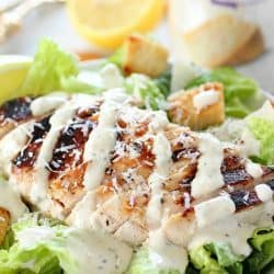 Grilled Chicken Caesar Salad for a yummy summertime lunch or dinner! With a simple yogurt marinade recipe, this grilled chicken is tender and delicious. Served over romaine lettuce, homemade croutons, shaved parmesan and caesar dressing - YUM!!