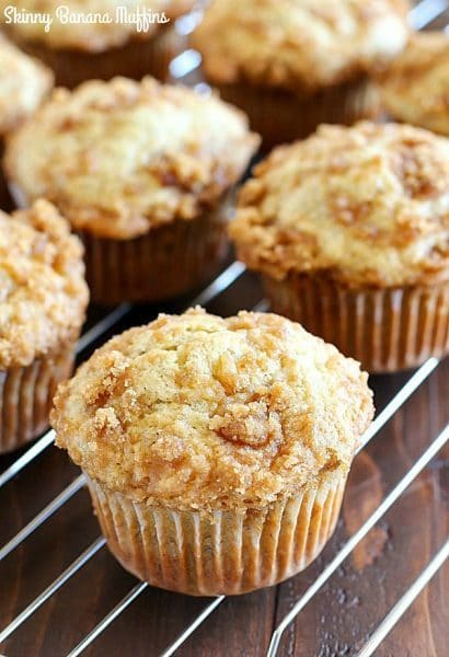 Skinny Banana Muffins with a crazy delicious crumble topping! These banana muffins are the best way to use up those brown bananas on your counter and they’re healthier thanks to a few awesome ingredient swaps!