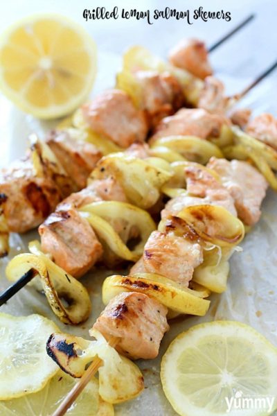 Salmon Skewers tossed in a garlic-lemon sauce and then grilled. So simple and so flavorful! Salmon and citrus is combined to create the result of a crazy delicious, tender, lemony salmon that is like heaven on a stick!
