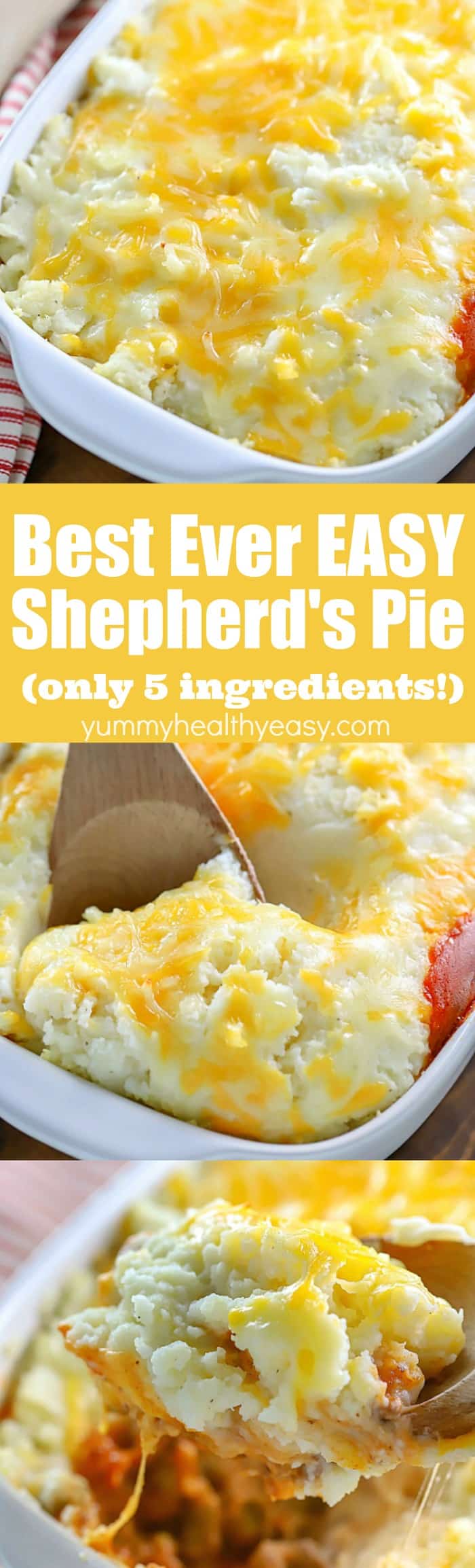 This is seriously the easiest and BEST Easy Shepherd's Pie Recipe EVER! I make this all the time for my boys and it's always a hit! Only FIVE ingredients needed to make this easy comfort food dinner. #dinner #recipe #shepherdspie #casserole #comfortfood #easyrecipe #mashedpotatoes #groundbeef #cheesy