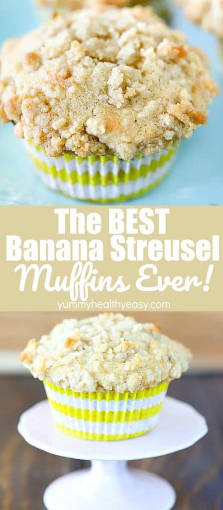Pinterest Collage image of two close up pictures of banana struesel muffins with text in the center.