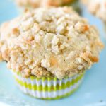 Close up photo of a banana muffin on a blue plate.