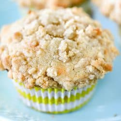 Close up photo of a banana muffin on a blue plate.