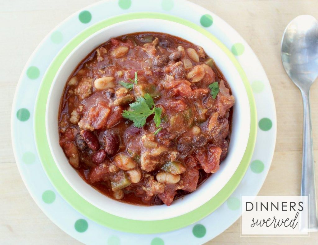 Overhead of a bowl of turkey chili