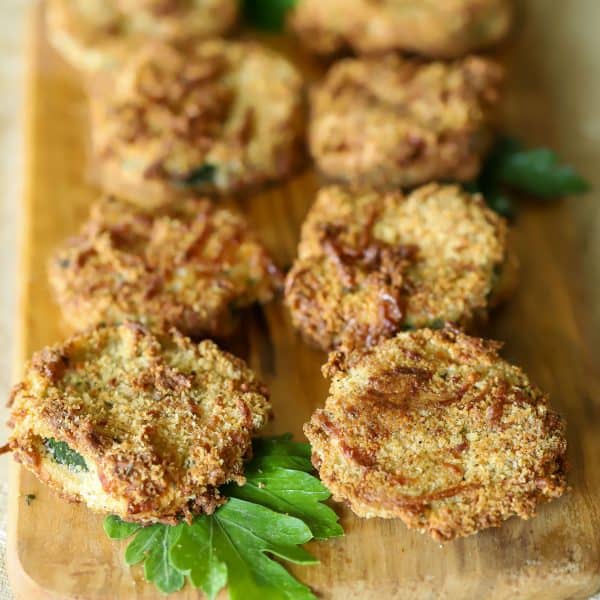 Platter of yummy breaded zucchini chips.