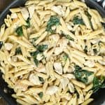 Lemon Chicken Pasta Recipe in a black bowl.